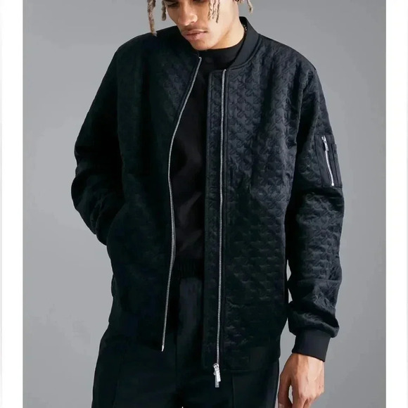 BOOHOO MENS TALL HOUNDSTOOTH QUILTED VELVET BOMBER JACKET BLACK SIZE SMALL - Picture 3 of 15